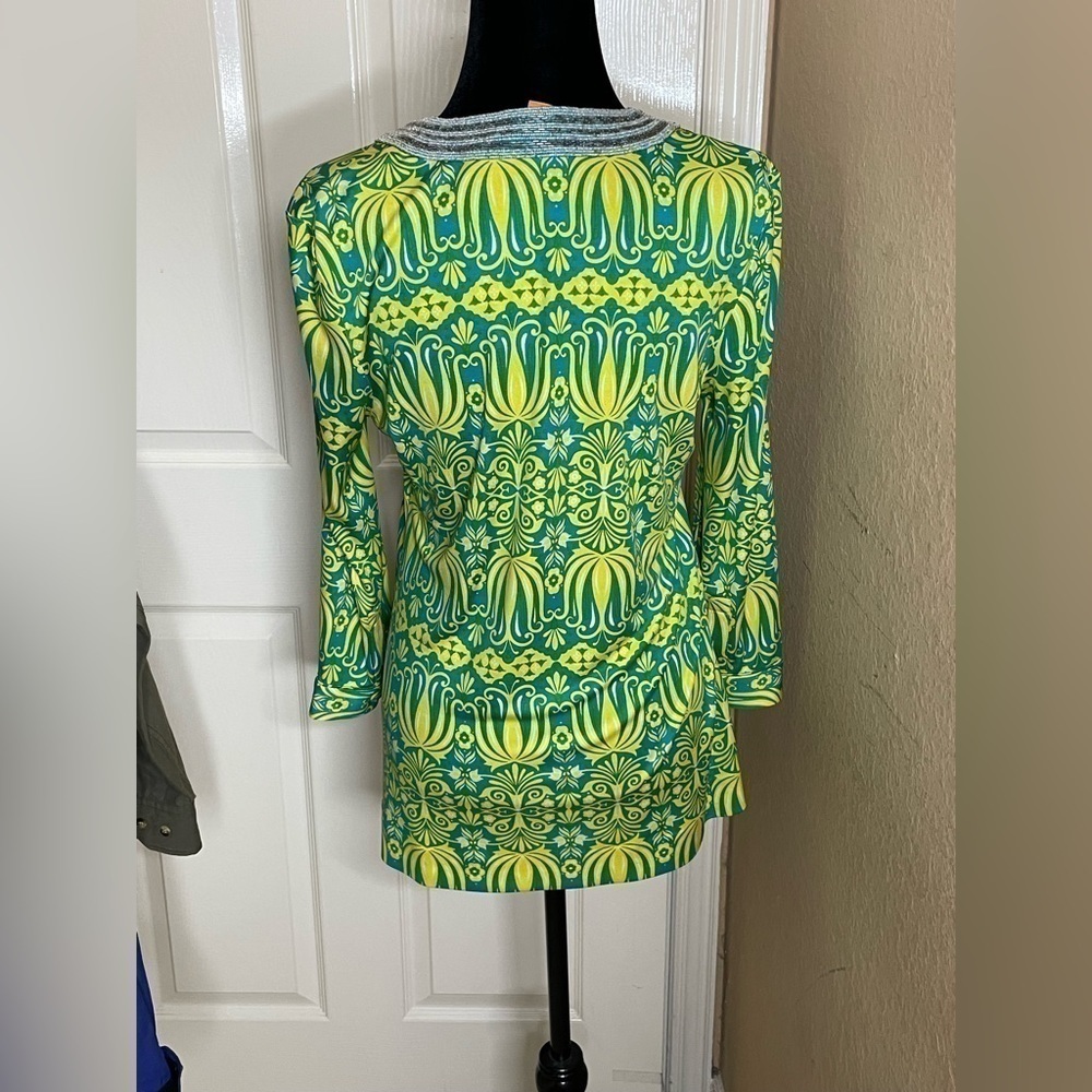 Tory Burch Tunic Womens Med Silk green Button Long Sleeve V Neck Stretch… - Picture 2 of 9